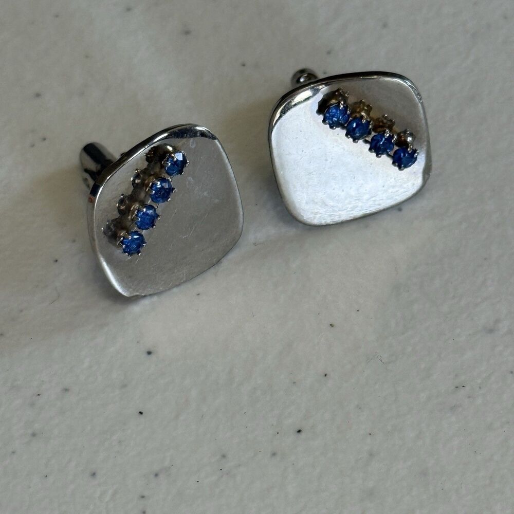 Vintage Polished‎ Silver Square Cufflinks w/ Sapphire Stones